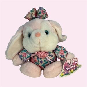 Vintage 1990's plush bunny stuffed animal w/floral outfit and pink ribbon rose